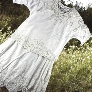 Vintage Bali Emerald 2PC Set Women One Size White Boho Crochet Lace Rayon Set